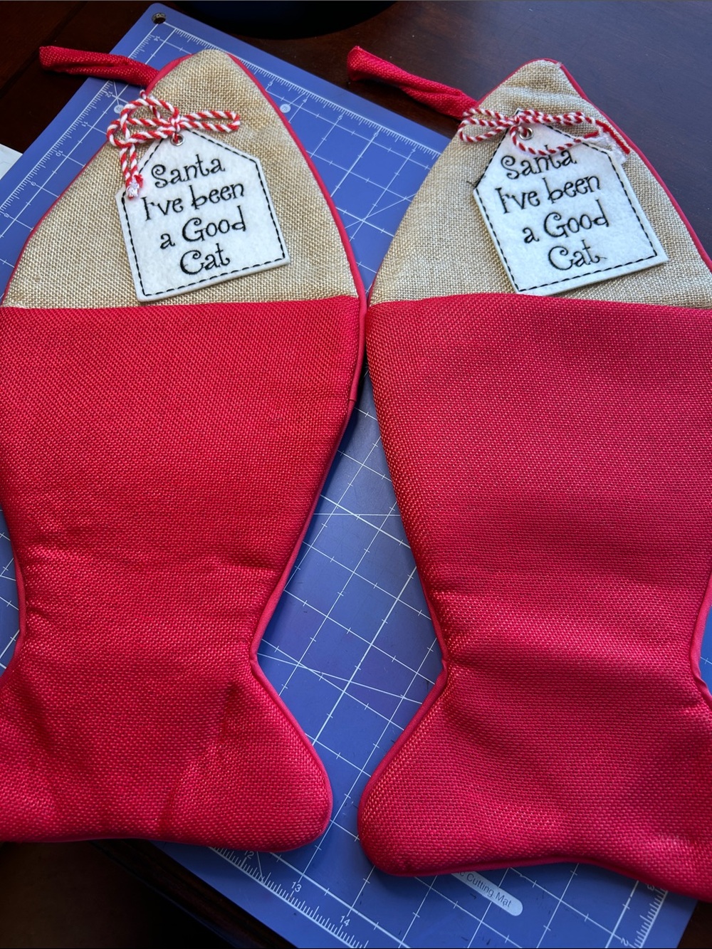 Holiday Red and tan fish Stocking - 'I've Been a Good Cat' holiday kitty sock